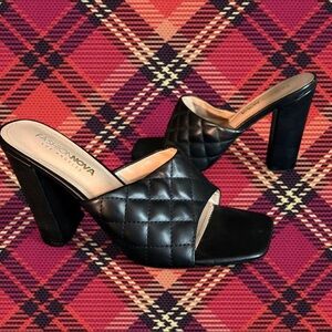Fashion Nova Black Quilted High Block Heel Mules